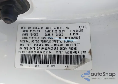 2013 Honda Accord Ex-L from USA, damaged, VIN 1HGCR2F8XDA058114